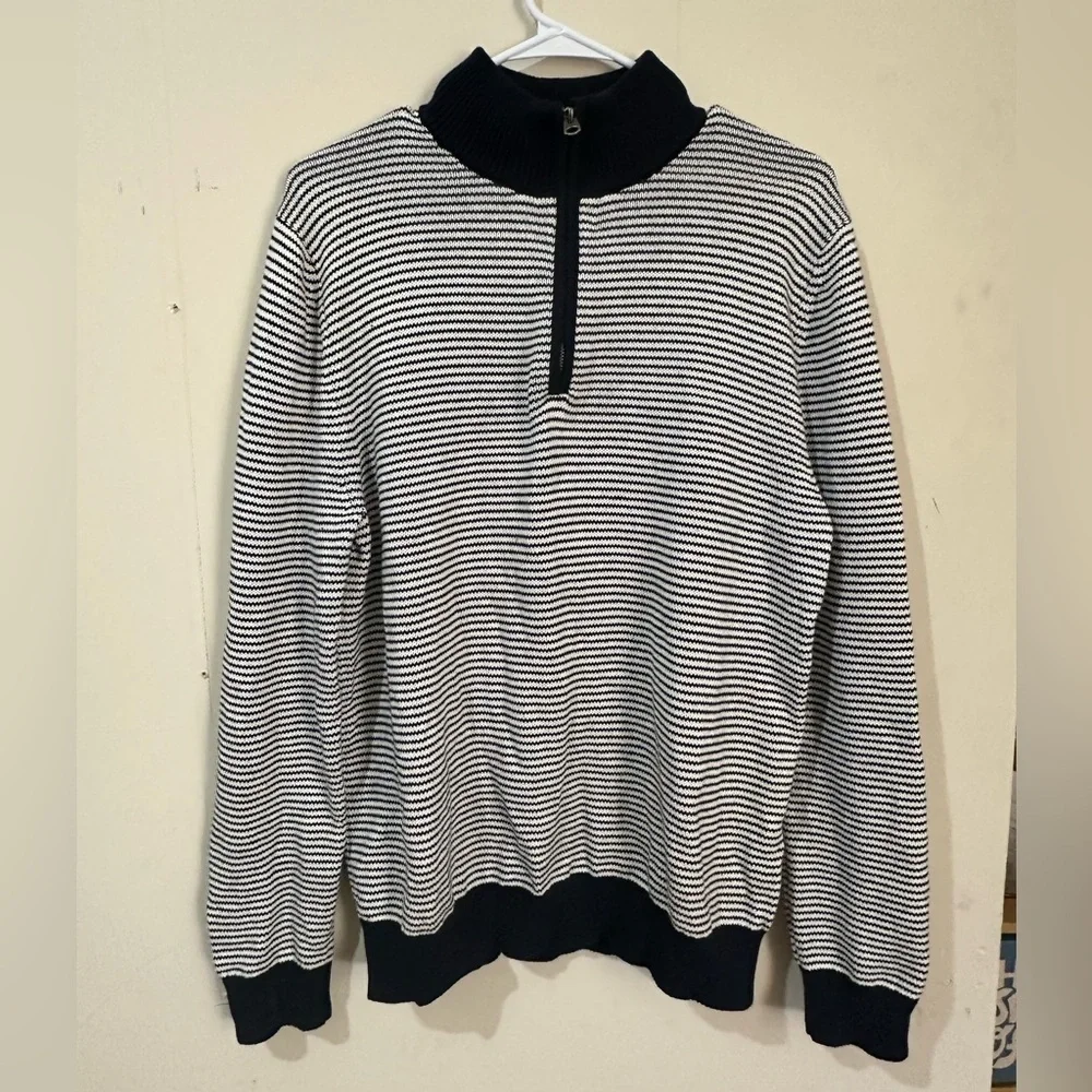 Brooks Brothers Large Blue Stripped Wool Half Zip Pullover Sweater Preppy
